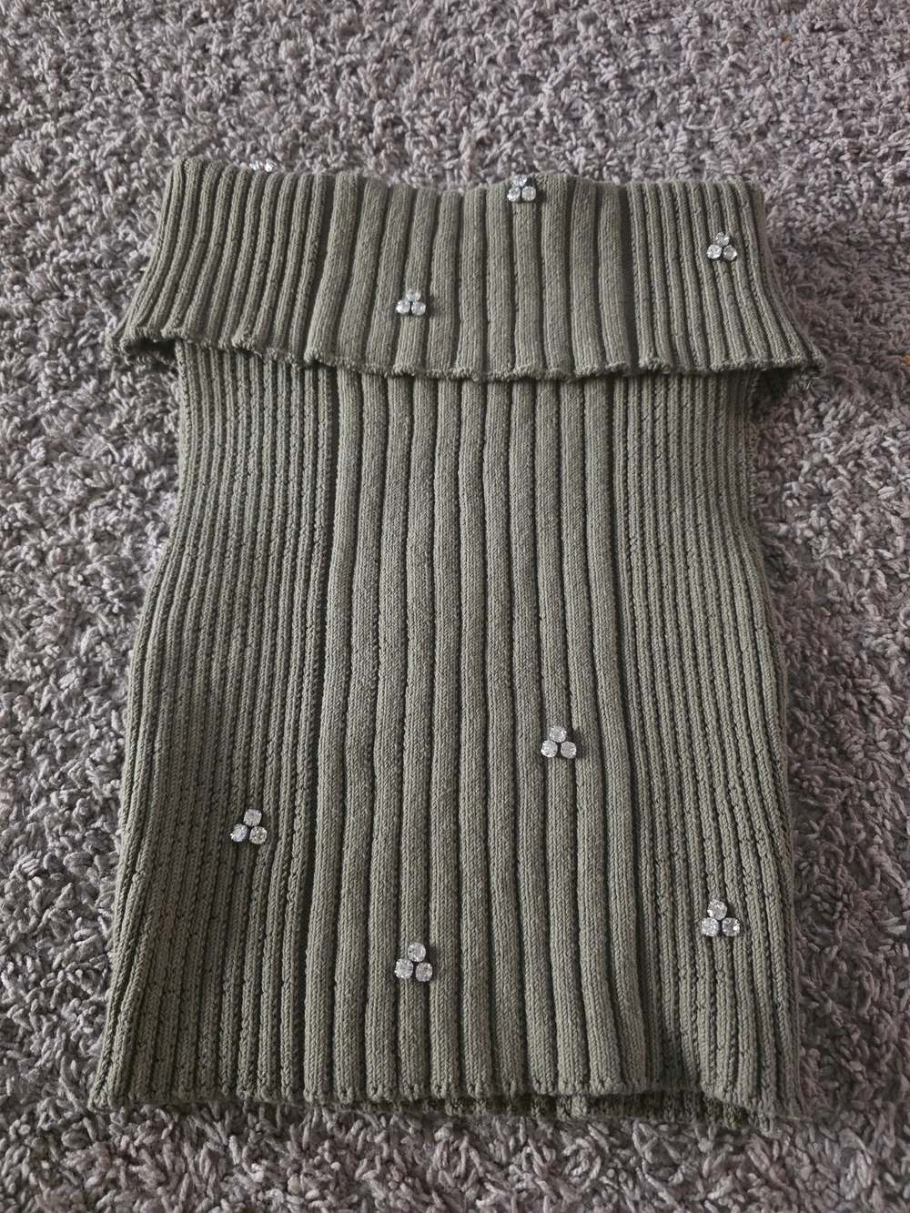 Zara Olive Ribbed Off-the-Shoulder Sweater with Crystal Clusters